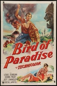4s274 BIRD OF PARADISE 1sh 1951 art of barechested Louis Jourdan & tropical sexy Debra Paget!