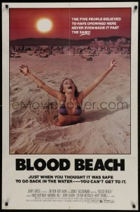 4s284 BLOOD BEACH 1sh 1981 Jaws parody tagline, image of sexy girl in bikini sinking in sand!