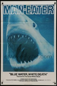 4s288 BLUE WATER, WHITE DEATH 1sh 1971 cool super close image of great white shark with open mouth!