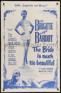 4s303 BRIDE IS MUCH TOO BEAUTIFUL 1sh 1958 sexy barely-dressed Brigitte Bardot in lingerie!