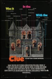 4s339 CLUE 1sh 1985 Madeline Kahn, Tim Curry, Christopher Lloyd, cool board game poster design!