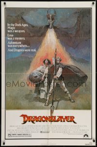 4s394 DRAGONSLAYER 1sh 1981 cool Jeff Jones fantasy artwork of Peter MacNicol w/spear & dragon!