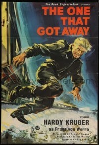 4s046 ONE THAT GOT AWAY English 1sh 1958 cool artwork of Hardy Kruger jumping from a train!