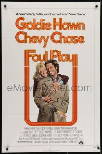 4s459 FOUL PLAY 1sh 1978 wacky Lettick art of Goldie Hawn & Chevy Chase, screwball comedy!