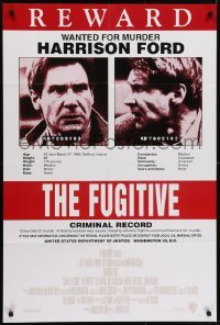 4s123 FUGITIVE recalled int'l 1sh 1993 Harrison Ford is on the run, cool wanted poster design!