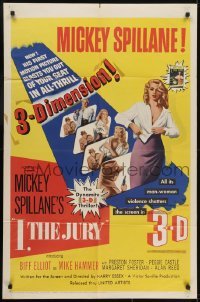 4s543 I, THE JURY 3D 1sh 1953 Mickey Spillane, great images of sexy girl stripping!