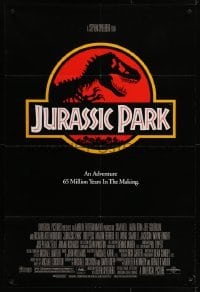 4s569 JURASSIC PARK 1sh 1993 Steven Spielberg, classic logo with T-Rex over red background