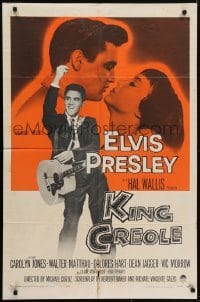 4s576 KING CREOLE 1sh 1958 great image of Elvis Presley with guitar & sexy Carolyn Jones!