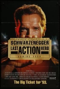 4s590 LAST ACTION HERO advance DS 1sh 1993 great images of tough Arnold Schwarzenegger