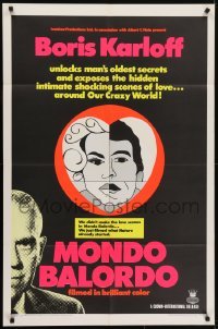4s665 MONDO BALORDO 1sh 1967 Boris Karloff unlocks man's oldest oddities & shocking scenes!