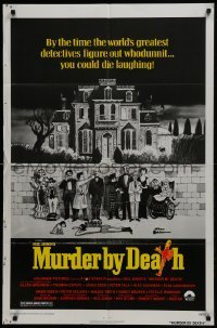 4s674 MURDER BY DEATH 1sh 1976 great Charles Addams art of cast by dead body, yellow title design!