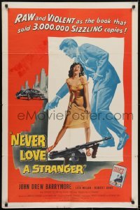 4s692 NEVER LOVE A STRANGER 1sh 1958 John Drew Barrymore, from Harold Robbins sex novel!