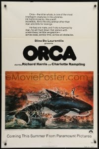 4s719 ORCA advance 1sh 1977 artwork of attacking Killer Whale by John Berkey, it kills for revenge!