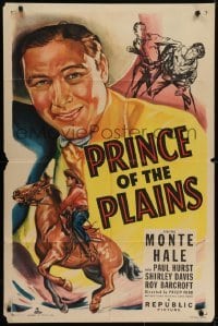 4s761 PRINCE OF THE PLAINS 1sh 1949 art of cowboy Monte Hale close up & riding his horse!