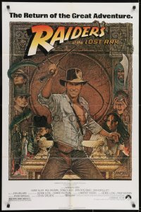 4s774 RAIDERS OF THE LOST ARK 1sh R1980s great art of adventurer Harrison Ford by Richard Amsel!