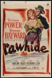 4s778 RAWHIDE 1sh 1951 great art of Tyrone Power trying to restrain pretty Susan Hayward!