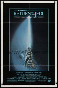 4s787 RETURN OF THE JEDI 1sh 1983 George Lucas, art of hands holding lightsaber by Reamer!