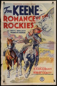4s803 ROMANCE OF THE ROCKIES 1sh R1940s cool art of cowboy Tom Keene on horse rescuing girl!
