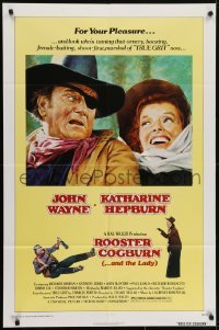 4s805 ROOSTER COGBURN 1sh 1975 great art of John Wayne & Katharine Hepburn!