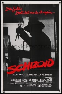4s821 SCHIZOID 1sh 1980 cool silhouette of crazed madman Klaus Kinski attacking with scissors!