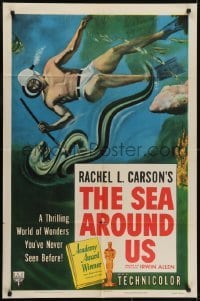 4s824 SEA AROUND US style A 1sh 1953 really cool art of scuba diver and undersea creatures!