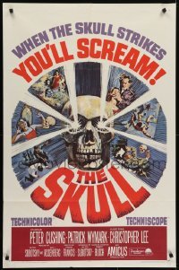 4s851 SKULL 1sh 1965 Peter Cushing, Christopher Lee, cool horror artwork of creepy skull!