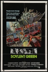 4s174 SOYLENT GREEN int'l 1sh 1973 art of Charlton Heston trying to escape riot control by John Solie!