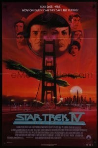4s871 STAR TREK IV 1sh 1986 art of Leonard Nimoy, Shatner & Klingon Bird-of-Prey by Bob Peak!