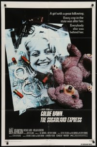 4s888 SUGARLAND EXPRESS 1sh 1974 Steven Spielberg, photo of Goldie Hawn under gun, teddy bear!