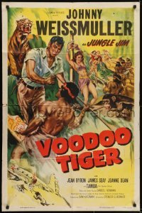 4s955 VOODOO TIGER 1sh 1952 art of Johnny Weissmuller as Jungle Jim, Tamba the Talented Chimp!