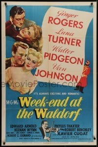 4s967 WEEK-END AT THE WALDORF style D 1sh 1945 Ginger Rogers, Lana Turner, Pidgeon, Johnson