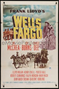 4s970 WELLS FARGO 1sh R1958 cool title treatment & art of rider, steamboat & stage taming the West!