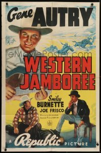4s971 WESTERN JAMBOREE 1sh 1938 Gene Autry smiling and playing guitar, Smiley Burnette!