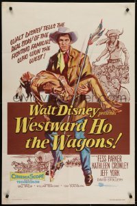 4s972 WESTWARD HO THE WAGONS 1sh 1957 artwork of cowboy Fess Parker holding Native American!