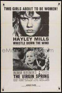 4s979 WHISTLE DOWN THE WIND/VIRGIN SPRING 1sh 1960s Hayley Mills and Bergman, bizarre tagline!