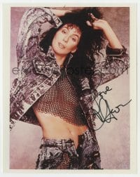 4t763 CHER signed color 8x10 REPRO still 1980s sexy portrait in denim & see-through mesh top!