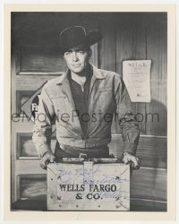 4t771 DALE ROBERTSON signed 8x10 REPRO still 1980s great cowboy portrait with Wells Fargo crate!