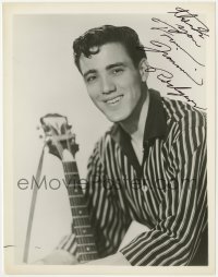 4t518 JIMMIE RODGERS signed 8x10 still 1950s the pop singer holding his guitar & smiling!
