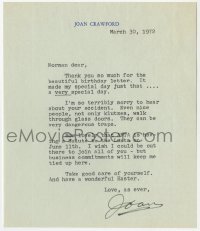4t179 JOAN CRAWFORD signed letter 1972 telling her friend Norman she's sorry for his accident!