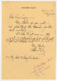 4t185 RICHARD KILEY signed letter 1979 telling friend he'll come soon & his best to Doug Fairbanks!