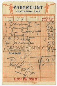 4t377 BOB HOPE signed 4x6 receipt 1951 when he ate at the Paramount Continental Cafe!