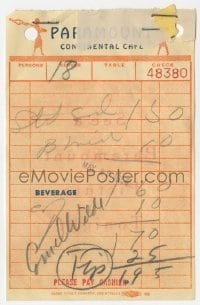 4t378 CORNEL WILDE signed 4x6 receipt 1956 when he ate at the Paramount Continental Cafe!