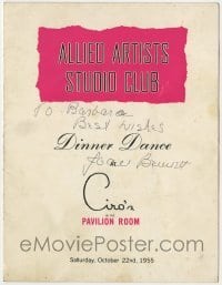 4t367 JOAN BENNETT/HUNTZ HALL signed 6x8 menu 1955 Dinner Dance at the Allied Artists Studio Club!