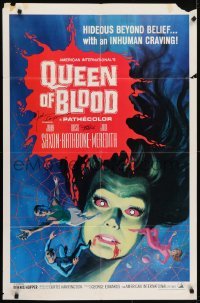 4t159 QUEEN OF BLOOD signed 1sh 1966 by BOTH John Saxon AND Forrest J. Ackerman, great horror art!