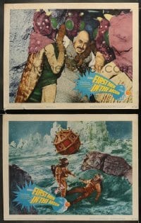 4w872 FIRST MEN IN THE MOON 2 LCs 1964 Ray Harryhausen, H.G. Wells, great alien images!