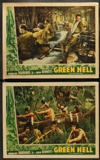 4w877 GREEN HELL 2 LCs 1940 great images of Joan Bennett & Fairbanks, trapped in a tropic inferno!