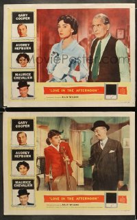 4w916 LOVE IN THE AFTERNOON 2 LCs 1957 Audrey Hepburn with her dad Maurice Chevalier!