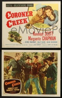 4w129 CORONER CREEK 8 LCs R1953 western cowboy Randolph Scott, sexiest Marguerite Chapman!