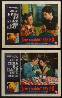 4w420 SHE COULDN'T SAY NO 8 LCs 1954 sexy short-haired Jean Simmons, Dr. Robert Mitchum!