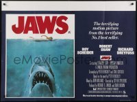 4y437 JAWS British quad 1975 art of Steven Spielberg's classic man-eating shark & sexy swimmer!